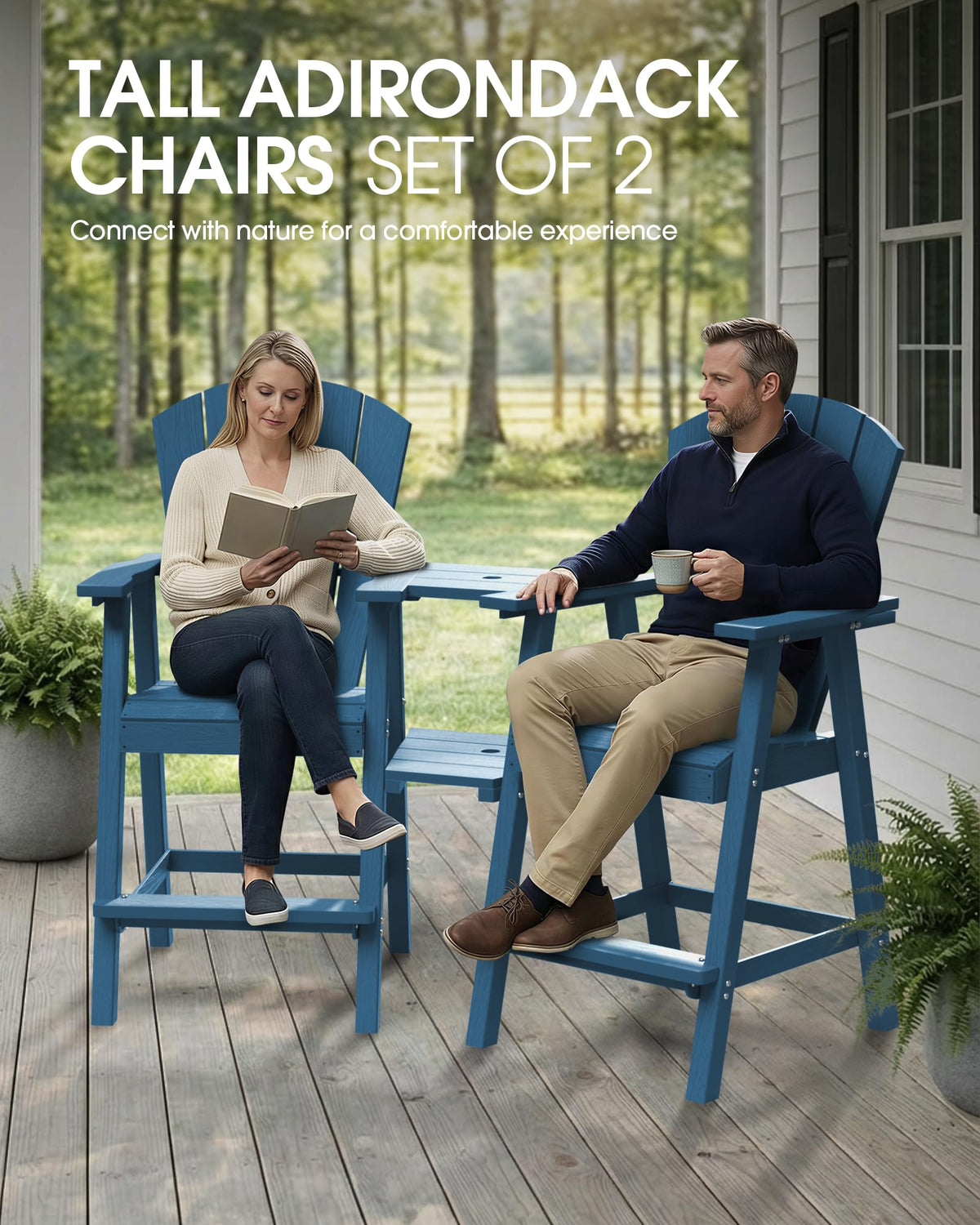 Navy Blue Adirondack Chairs Set of 2 with Table Trays I236