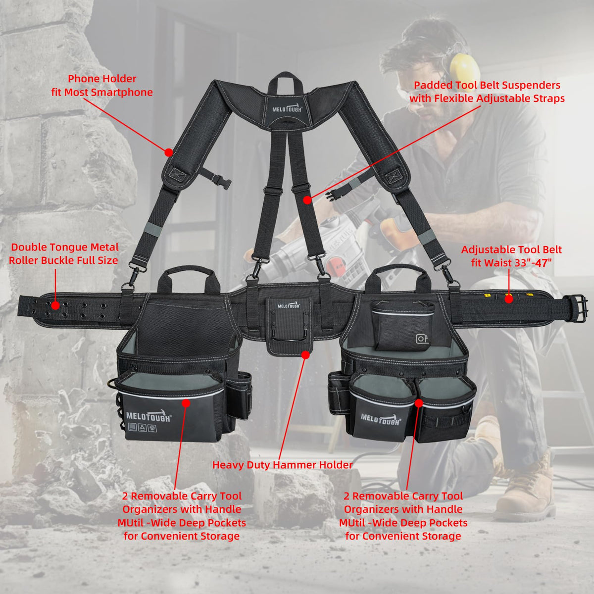 Carpenters Tool Belt with Suspenders 27 Pockets A374