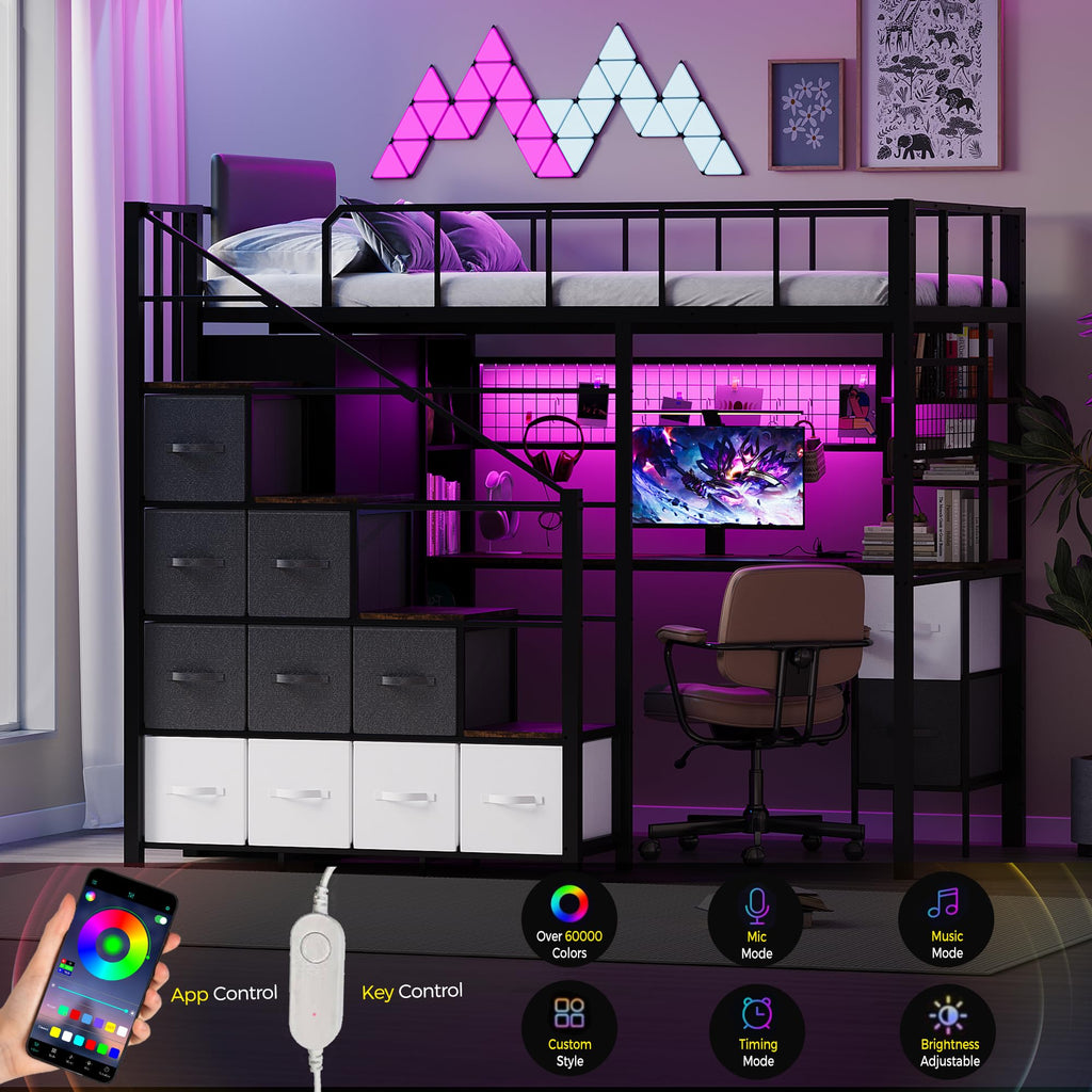 Twin Size Metal Loft Bed with Desk, Stairs, LED Light, Headboard, Guardrail, Charging Station, Closet and Fabric Drawers, Black & Burnt Wood A98893