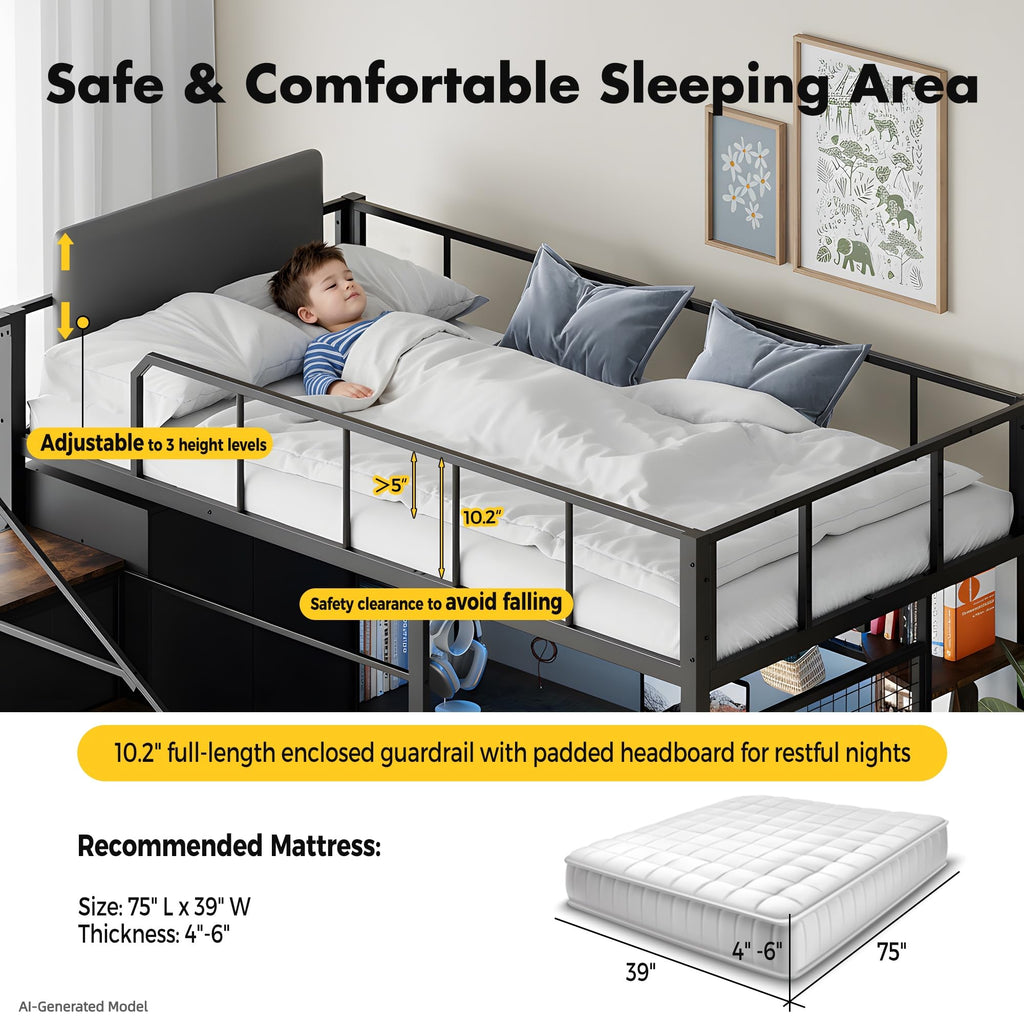 Twin Size Metal Loft Bed with Desk, Stairs, LED Light, Headboard, Guardrail, Charging Station, Closet and Fabric Drawers, Black & Burnt Wood A98893