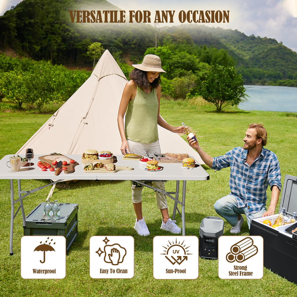 6FT White Folding Picnic Table with Carrying Handle X154