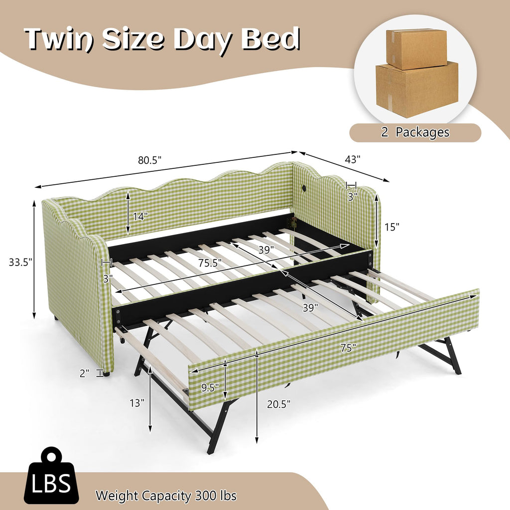 Twin Gingham Upholstered Daybed with Pop Up Trundle Bed O63822