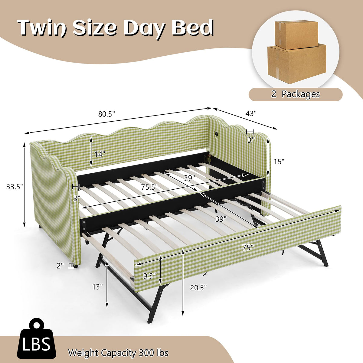 Twin Gingham Upholstered Daybed with Pop Up Trundle Bed O63822