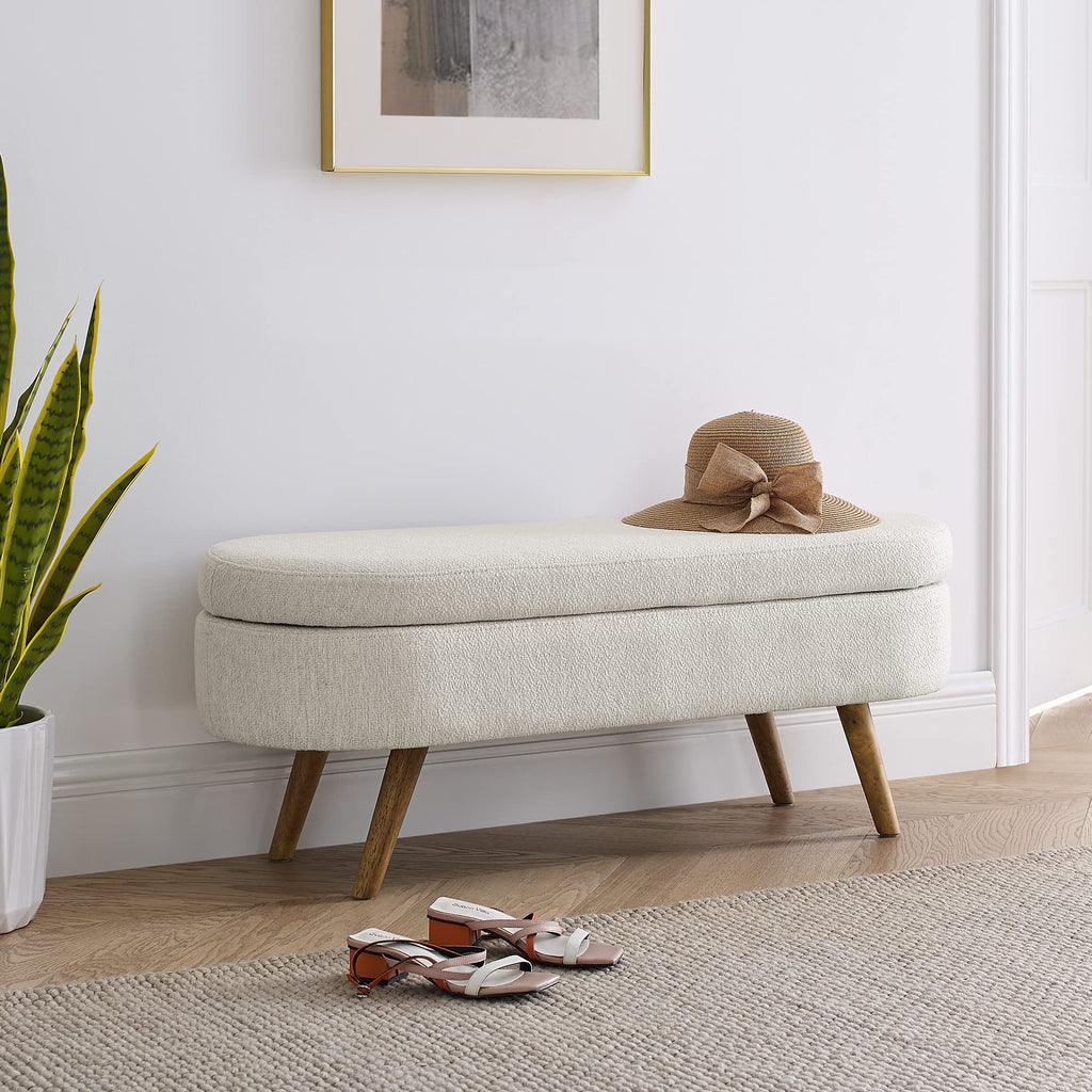 Beige Oval Storage Bench with Rubber Wood Legs I2768