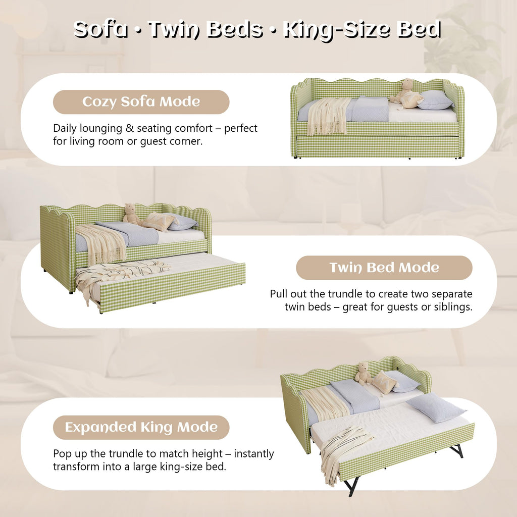 Twin Gingham Upholstered Daybed with Pop Up Trundle Bed O63822