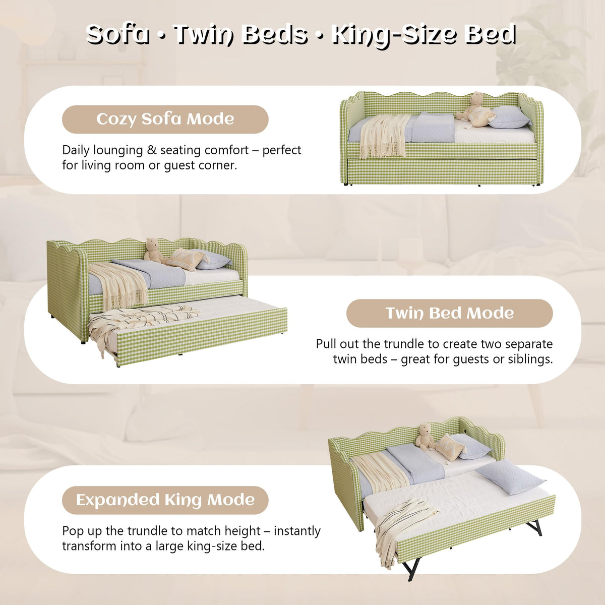 Twin Gingham Upholstered Daybed with Pop Up Trundle Bed O63822