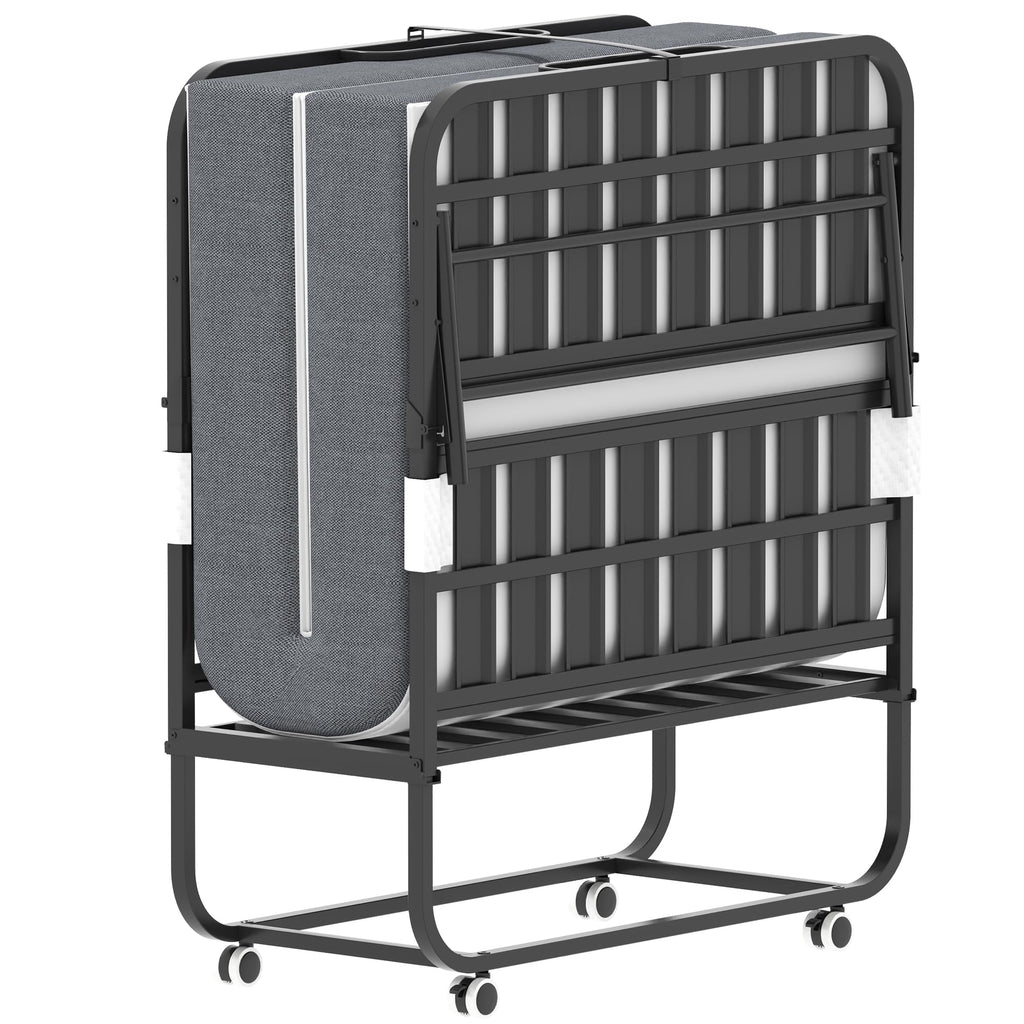 Folding Bed with Mattress, Twin Size, Portable Rollaway Bed on Wheels with Memory Mattress and Metal Frame Y171