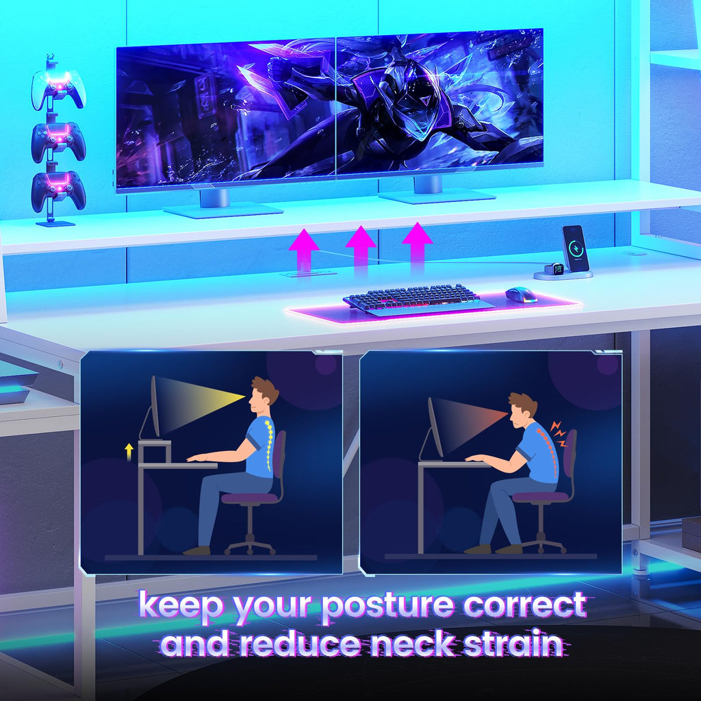 79'' White Gaming Desk with LED Lights and Storage Shelves G481