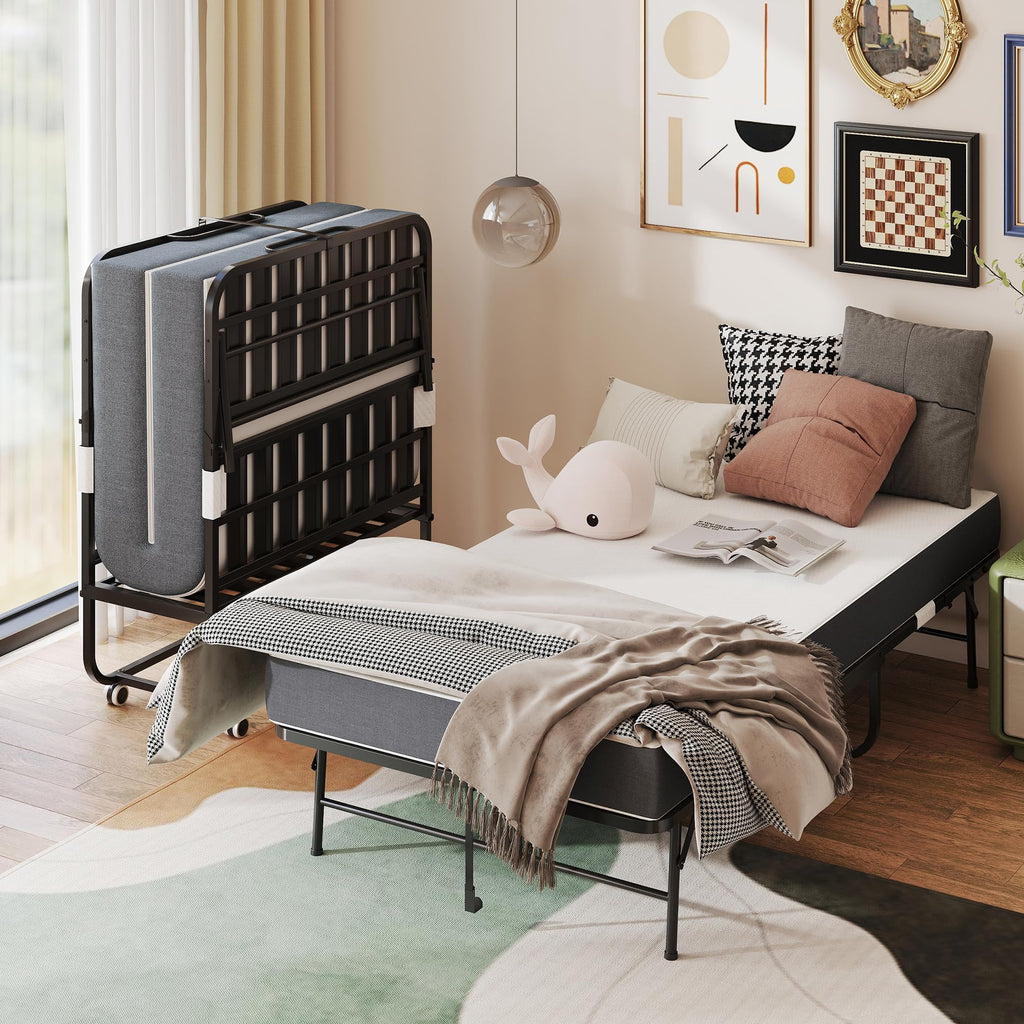 Folding Bed with Mattress, Twin Size, Portable Rollaway Bed on Wheels with Memory Mattress and Metal Frame Y171