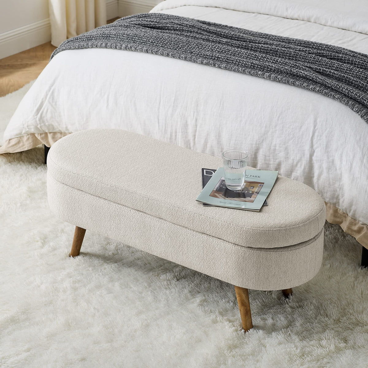 Beige Oval Storage Bench with Rubber Wood Legs I2768