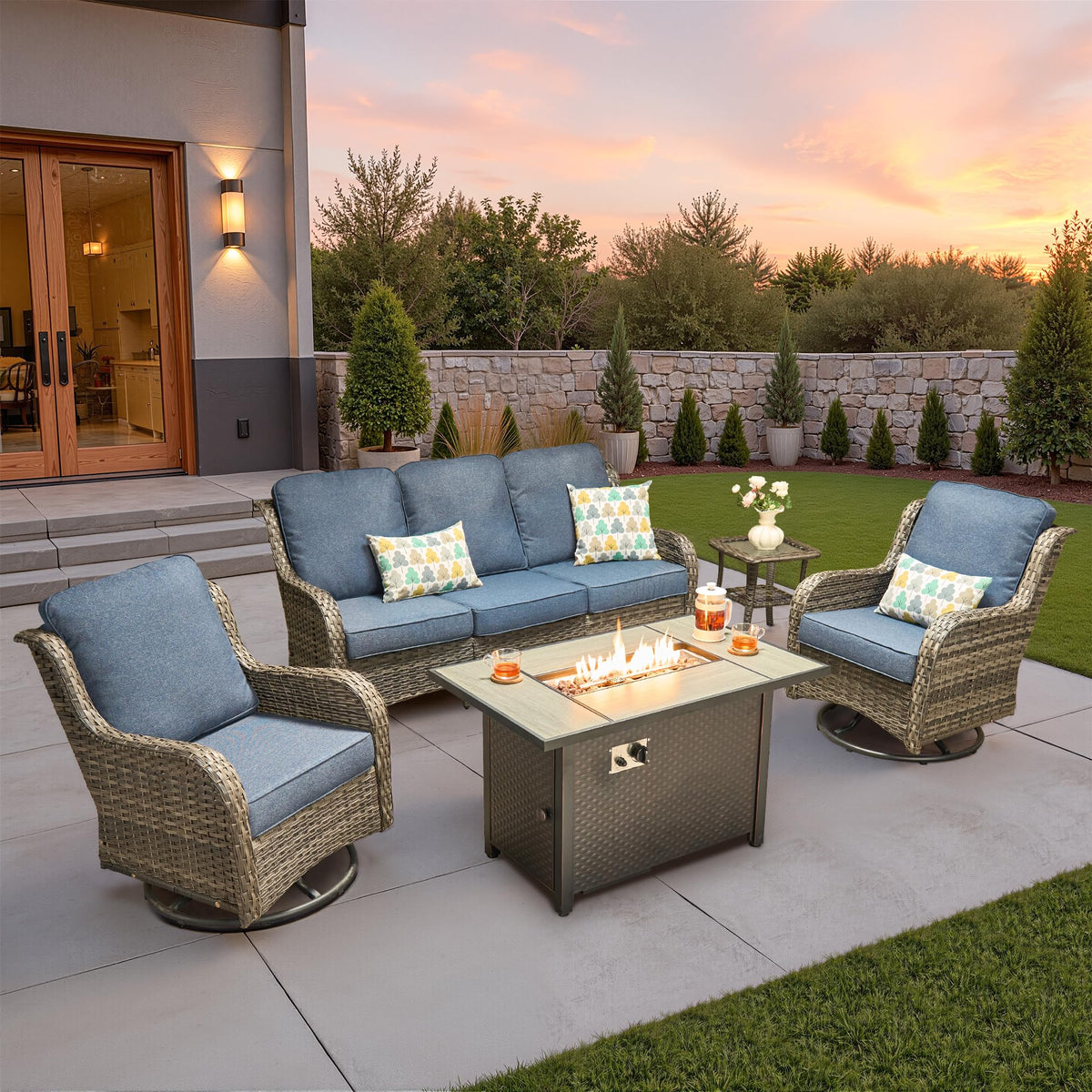 5 PCS Wicker Patio Furniture Set with Fire Pit Table D39227