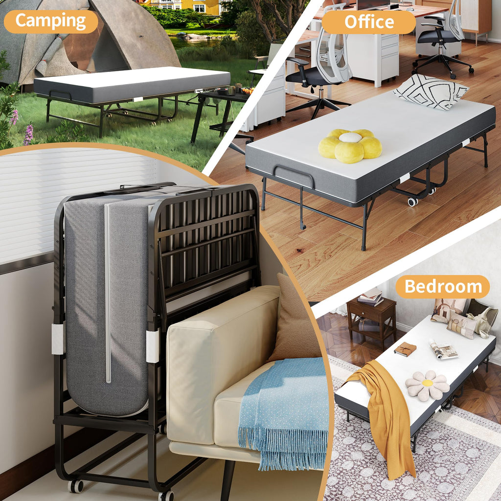 Folding Bed with Mattress, Twin Size, Portable Rollaway Bed on Wheels with Memory Mattress and Metal Frame Y171