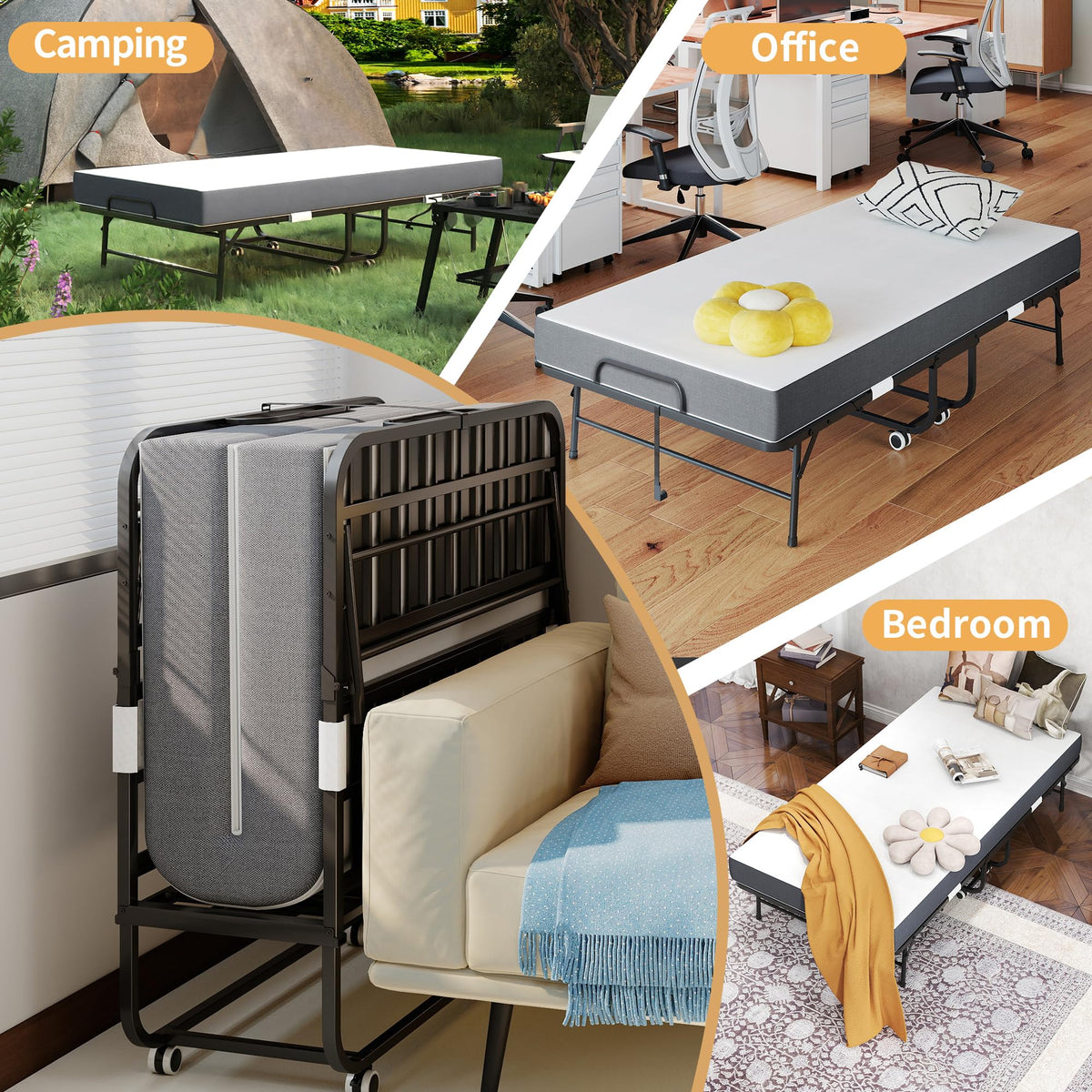 Folding Bed with Mattress, Twin Size, Portable Rollaway Bed on Wheels with Memory Mattress and Metal Frame Y171